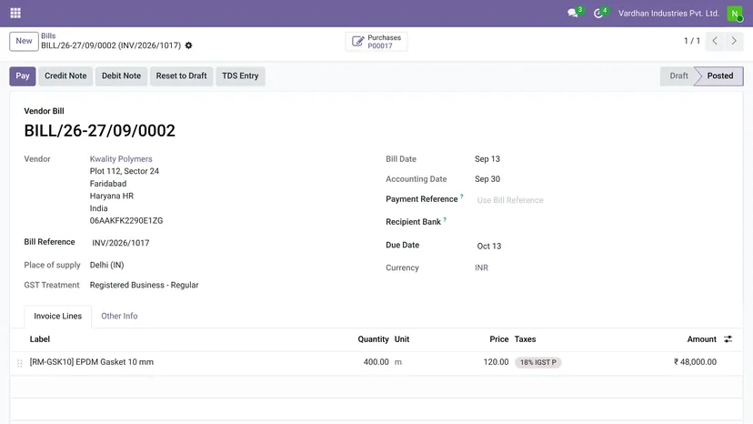 Odoo — Accounting & GST · Vendor bill — screenshot of Odoo 19