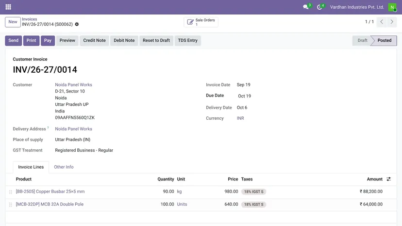 Odoo — Accounting & GST · Customer invoice — screenshot of Odoo 19
