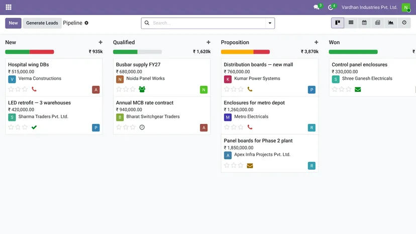 Odoo — Travel · Enquiries — screenshot of Odoo 19