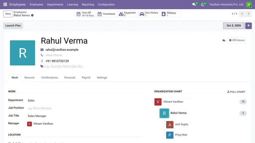 Odoo — HR & Payroll · Employee record — screenshot of Odoo 19