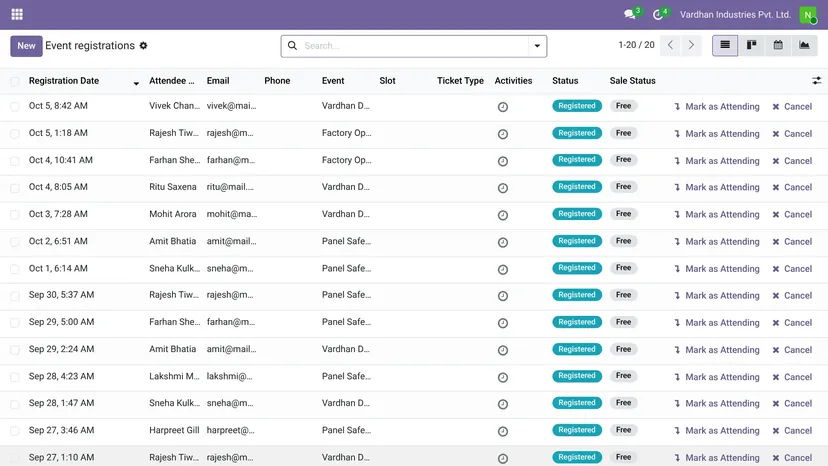 Odoo — Events · Registrations — screenshot of Odoo 19
