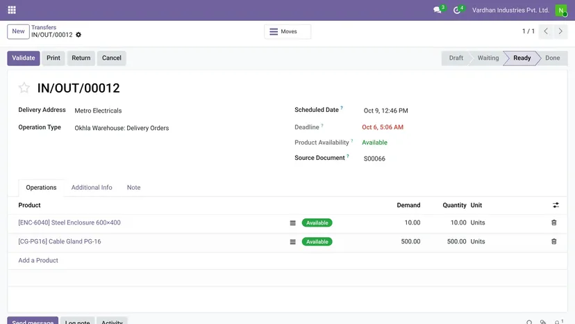 Odoo — Inventory & Warehouse · Delivery order — screenshot of Odoo 19