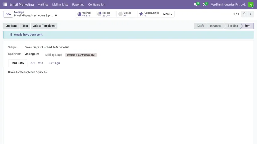 Odoo — Email Marketing · Mailing — screenshot of Odoo 19