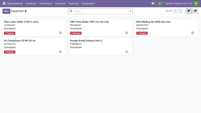 Odoo — Maintenance · Equipment — screenshot of Odoo 19