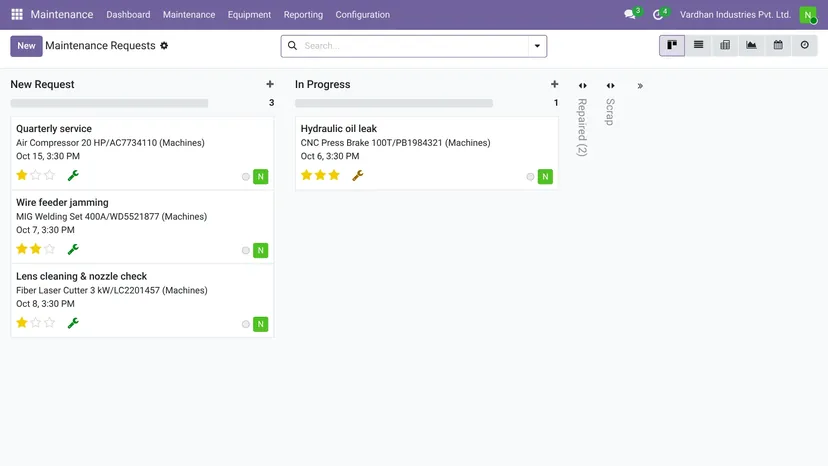 Odoo — Maintenance · Requests — screenshot of Odoo 19