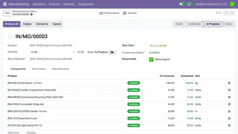 Odoo — Manufacturing · Production — screenshot of Odoo 19