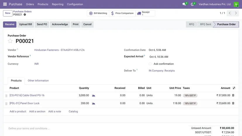 Odoo — Purchase · Purchase order — screenshot of Odoo 19
