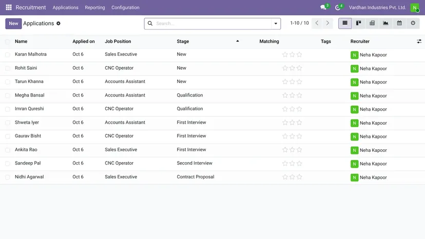 Odoo — Recruitment · All applications — screenshot of Odoo 19