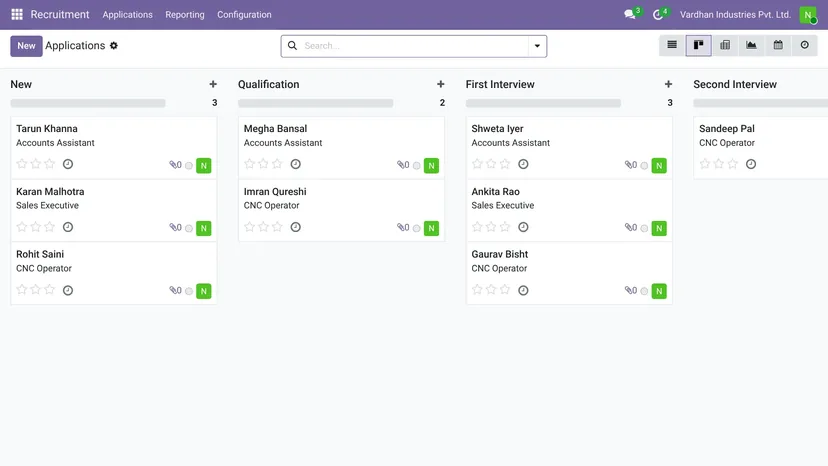 Odoo — Recruitment · Applicants — screenshot of Odoo 19