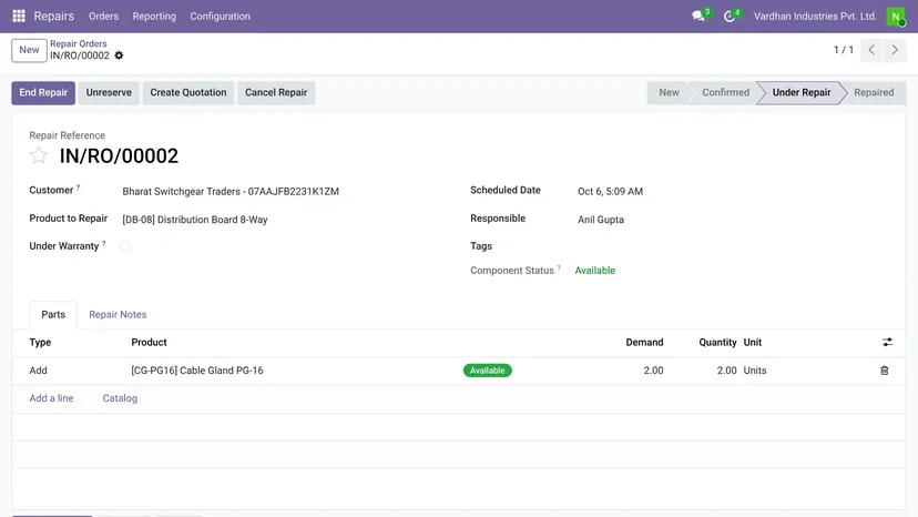 Odoo — Repairs · Repair order — screenshot of Odoo 19