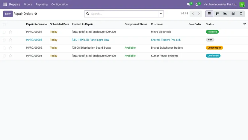 Odoo — Repairs · All repairs — screenshot of Odoo 19
