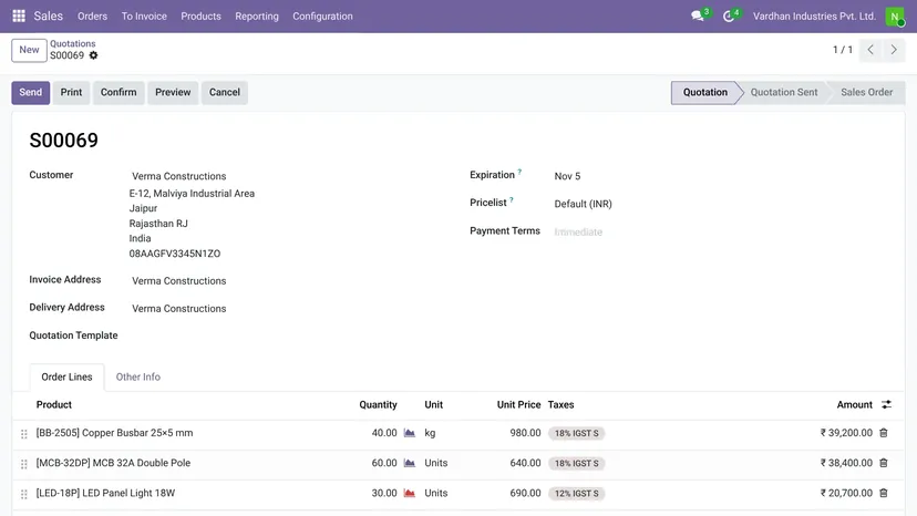 Odoo — Travel · Quotation — screenshot of Odoo 19