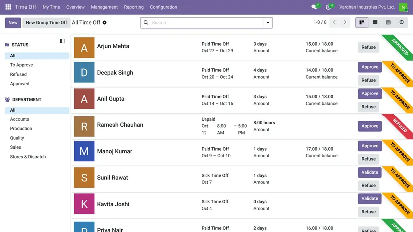Odoo — Time Off · To approve — screenshot of Odoo 19