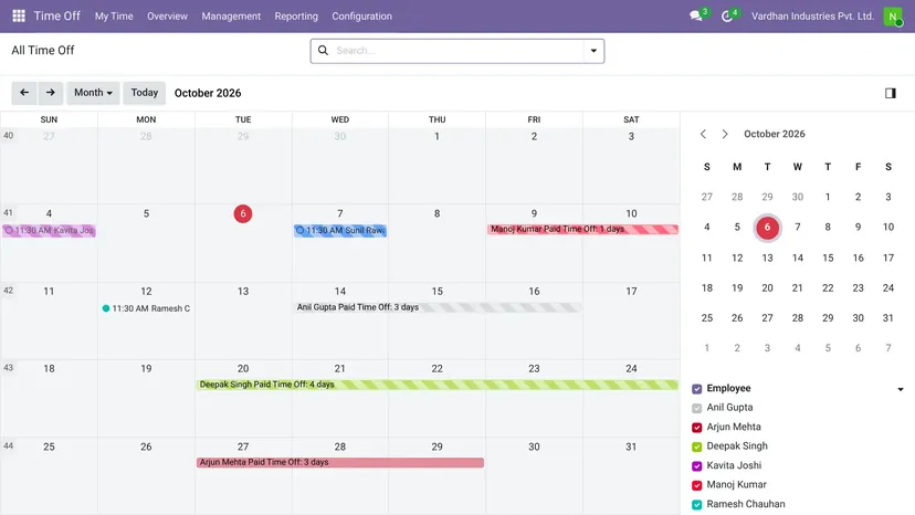 Odoo — Healthcare · Leave & cover — screenshot of Odoo 19